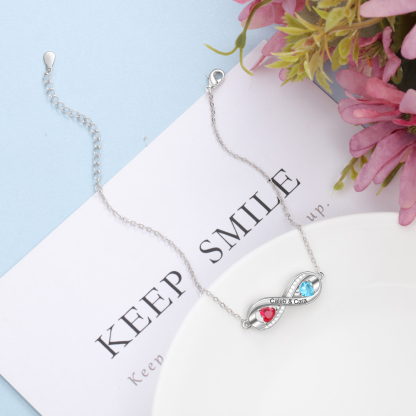 Personalised Infinity Anklet – Custom Birthstones & Engraved Names – Rhodium Plated, Adjustable Chain with Cubic Zirconia