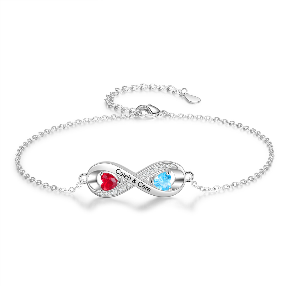 Personalised Infinity Anklet – Custom Birthstones & Engraved Names – Rhodium Plated, Adjustable Chain with Cubic Zirconia