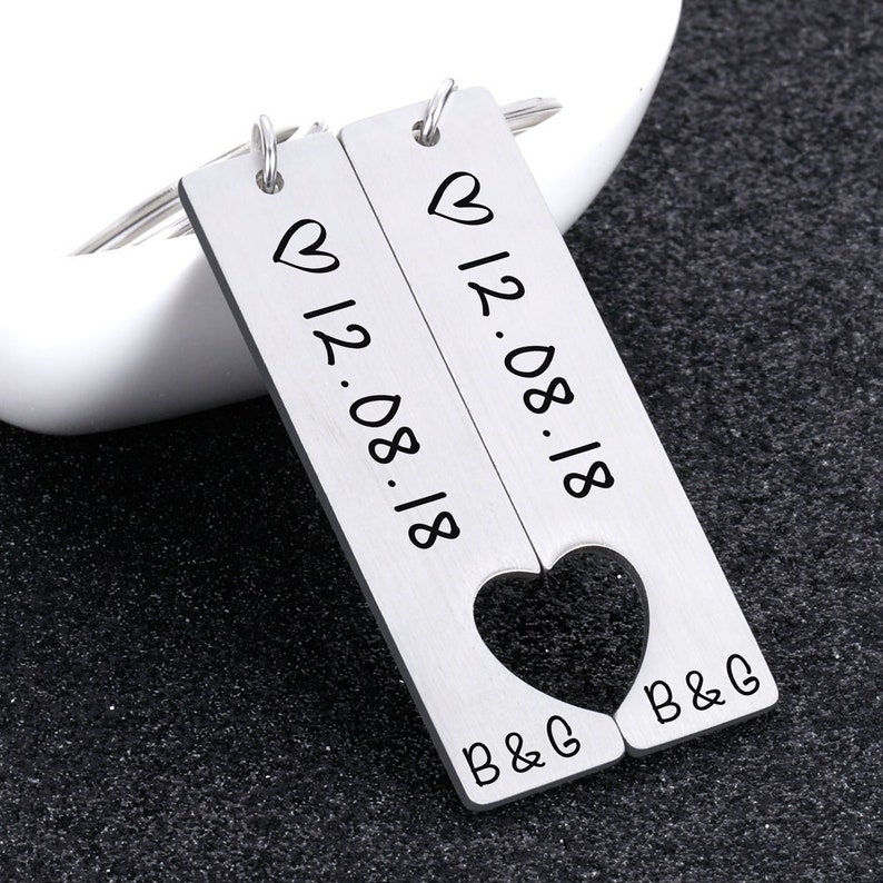 Personalised Heart Keyring Set with Custom Date & Initial Matching Valentine's gift for Couple | Jessemade