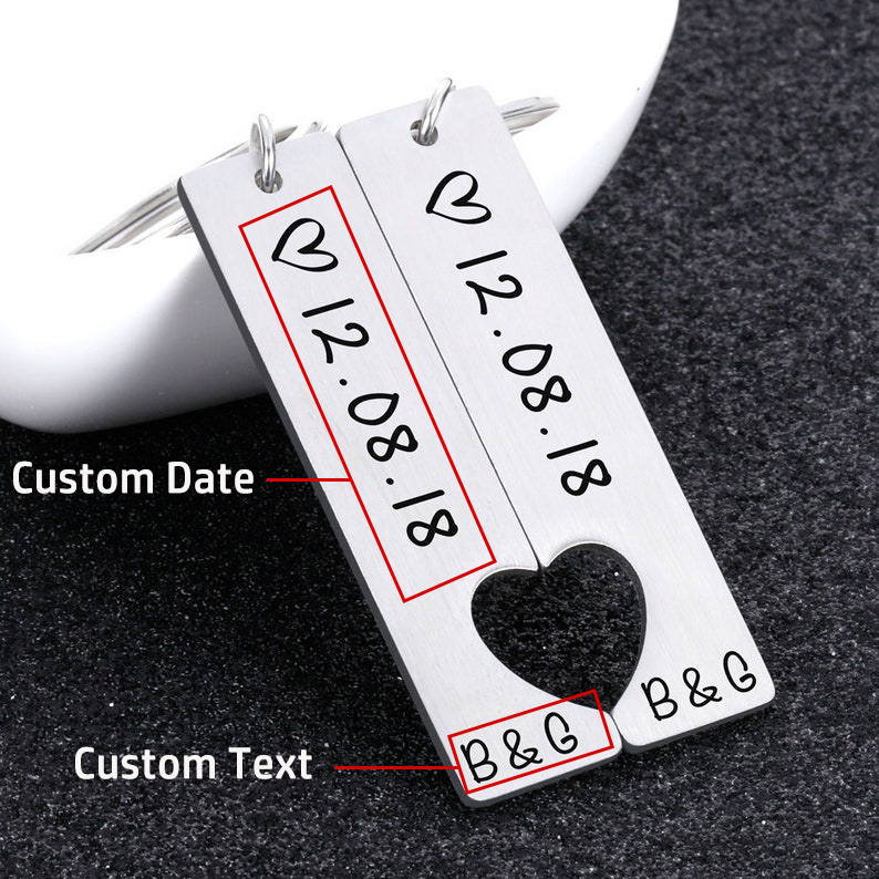 Personalised Heart Keyring Set with Custom Date & Initial Matching Valentine's gift for Couple | Jessemade