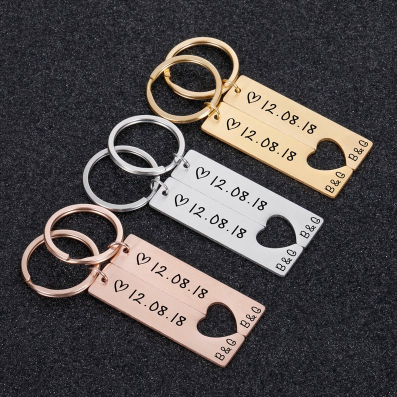 Personalised Heart Keyring Set with Custom Date & Initial Matching Valentine's gift for Couple | Jessemade