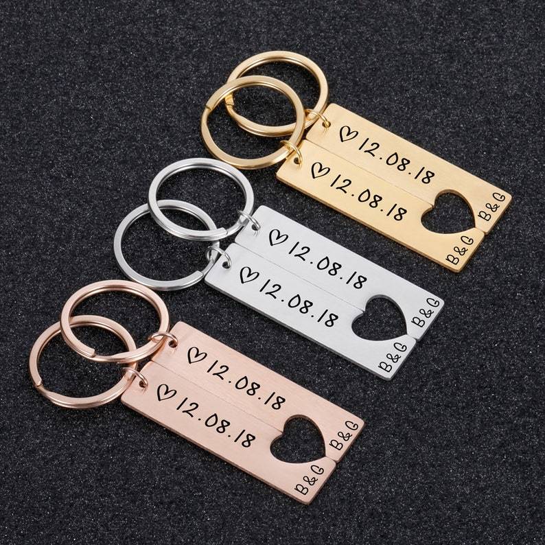 Personalised Heart Keyring Set with Custom Date & Initial Matching Valentine's gift for Couple | Jessemade