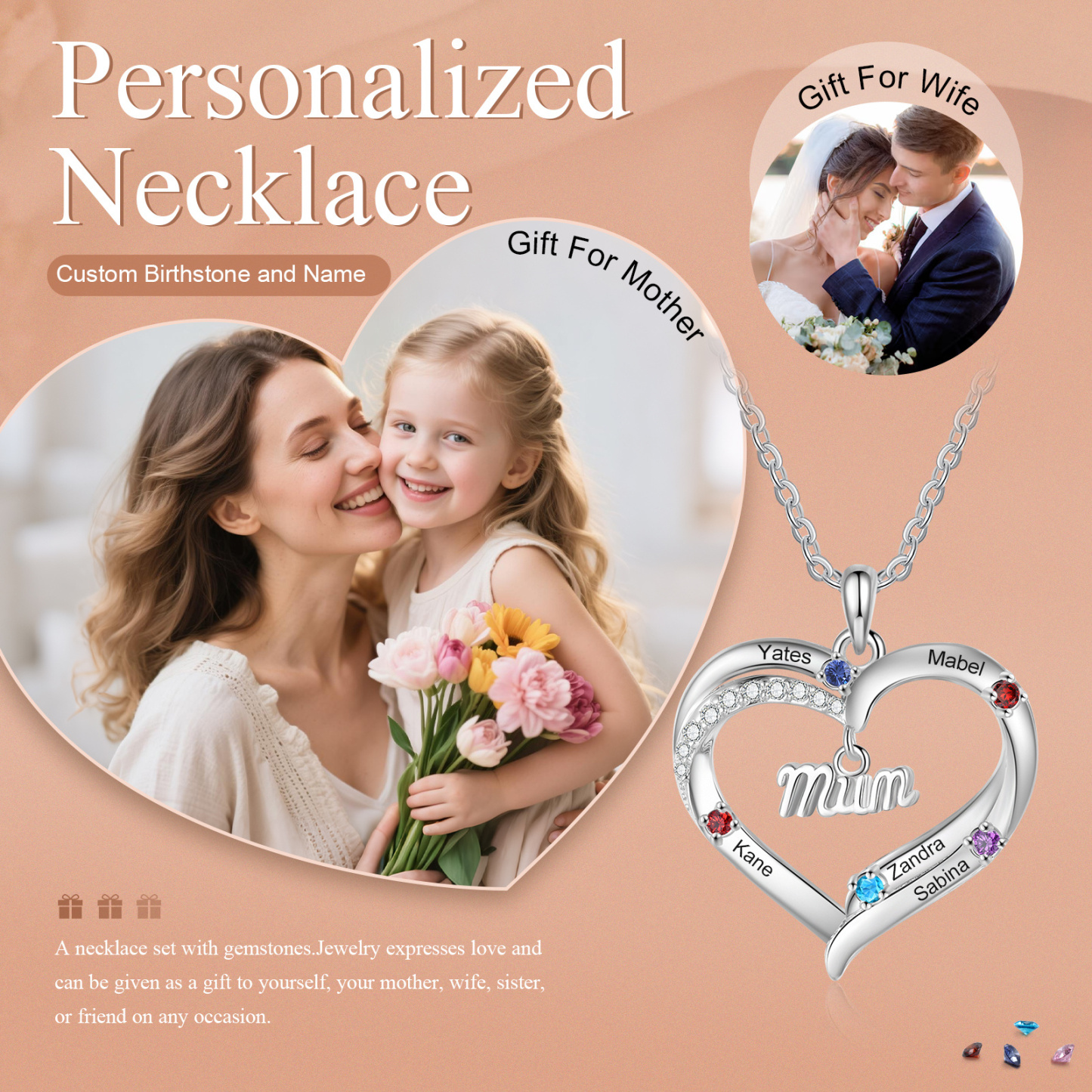 Personalised 2-5 Names Mum Nan Heart Necklace with Birthstones