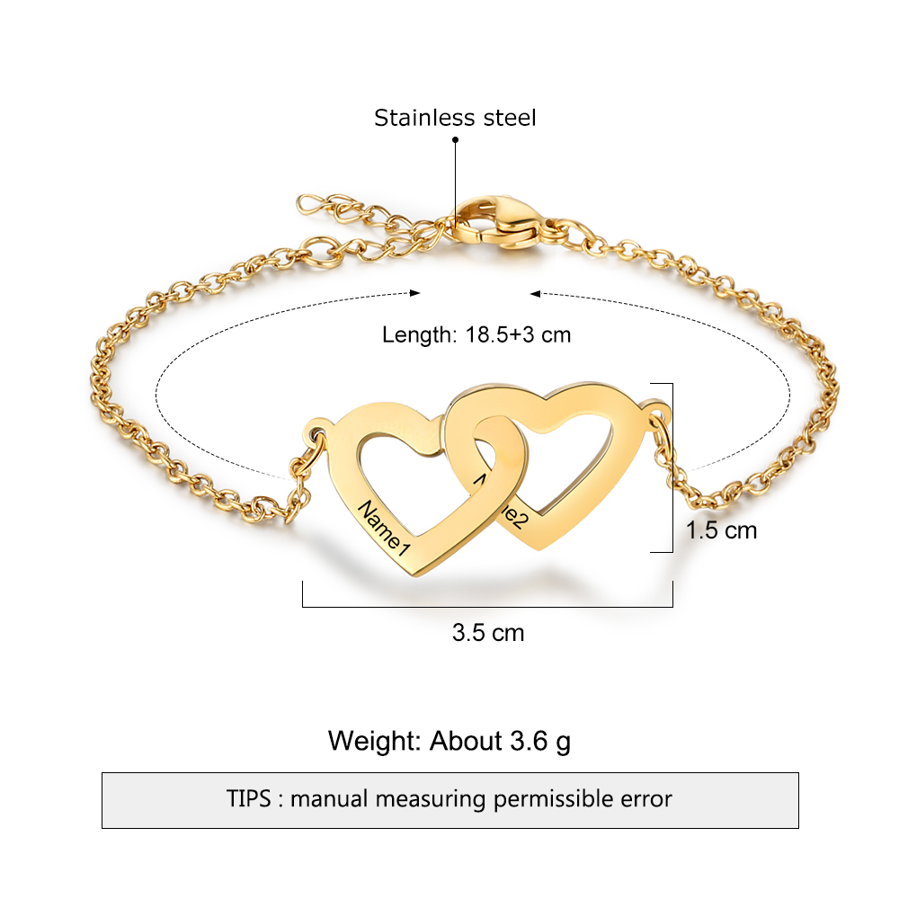 Personalised Double Heart Bracelet - Custom 2 Names Jewelry Gifts for Her | Jessmade
