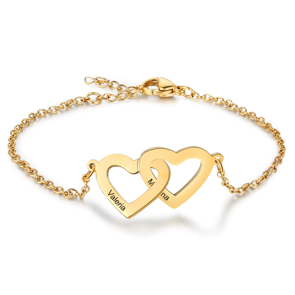 Personalised Double Heart Bracelet - Custom 2 Names Jewelry Gifts for Her | Jessmade