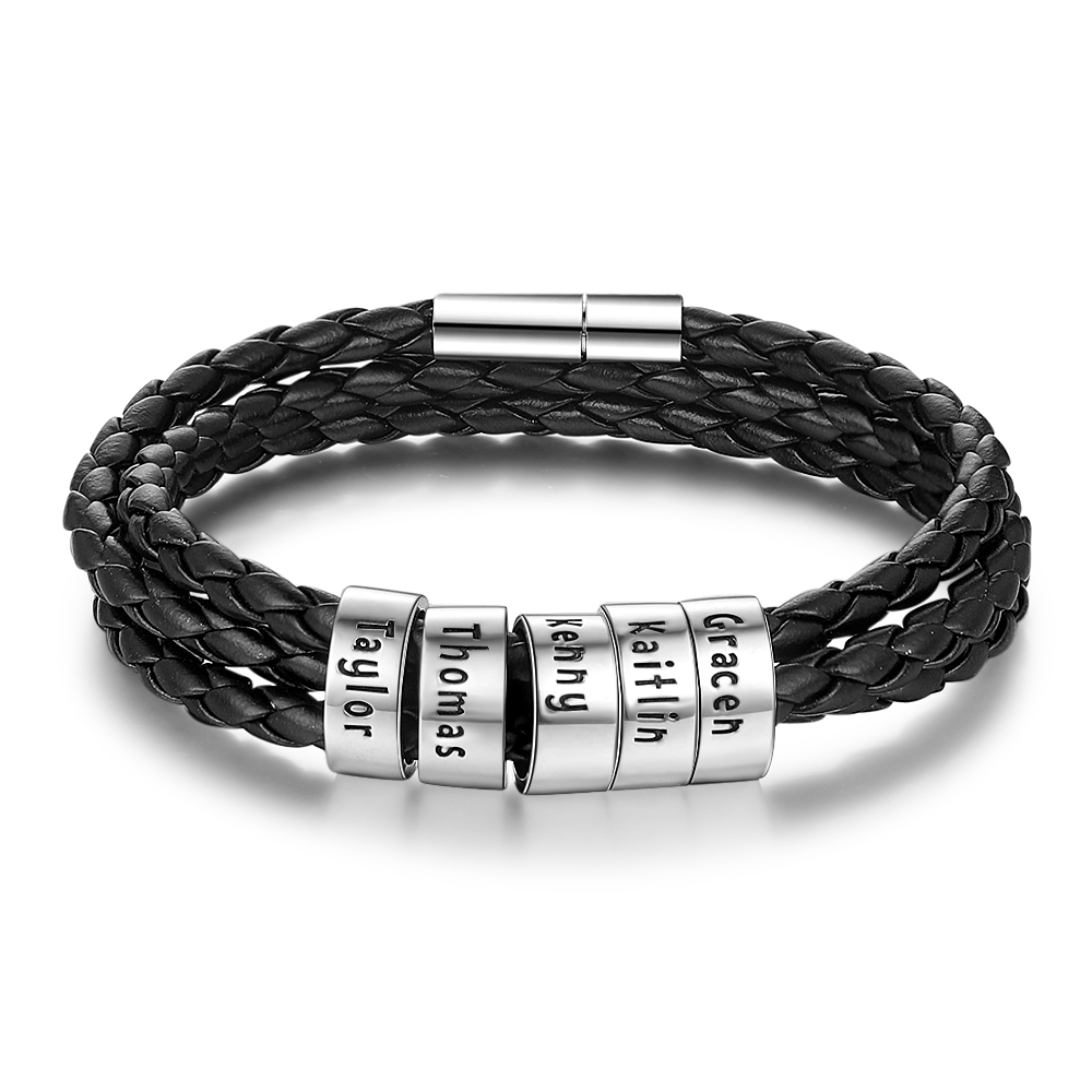 Personalised Braided Leather Bracelet with 2–5 Engraved Name Beads For Him Best Gift For Dad