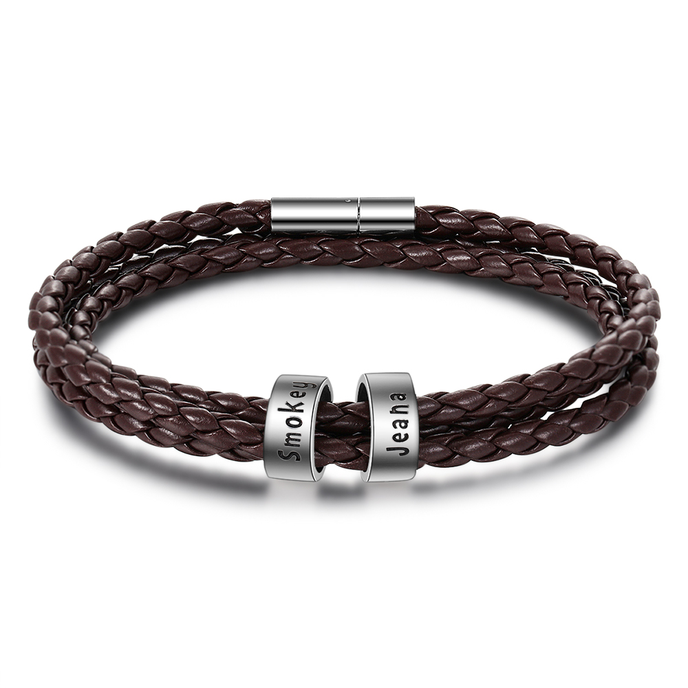 Personalised Braided Leather Bracelet with 2–5 Engraved Name Beads For Him Best Gift For Dad