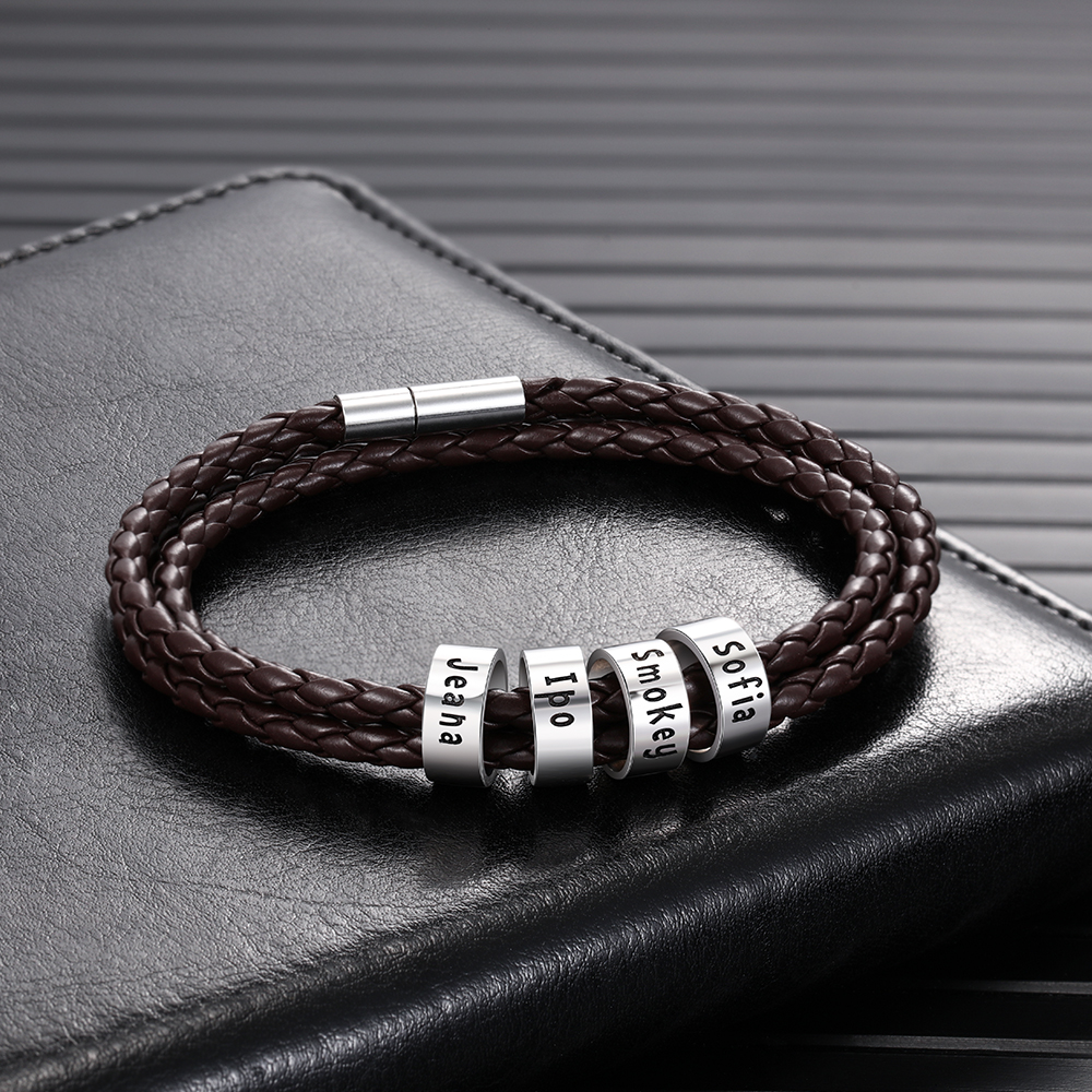 Personalised Braided Leather Bracelet with 2–5 Engraved Name Beads For Him Best Gift For Dad