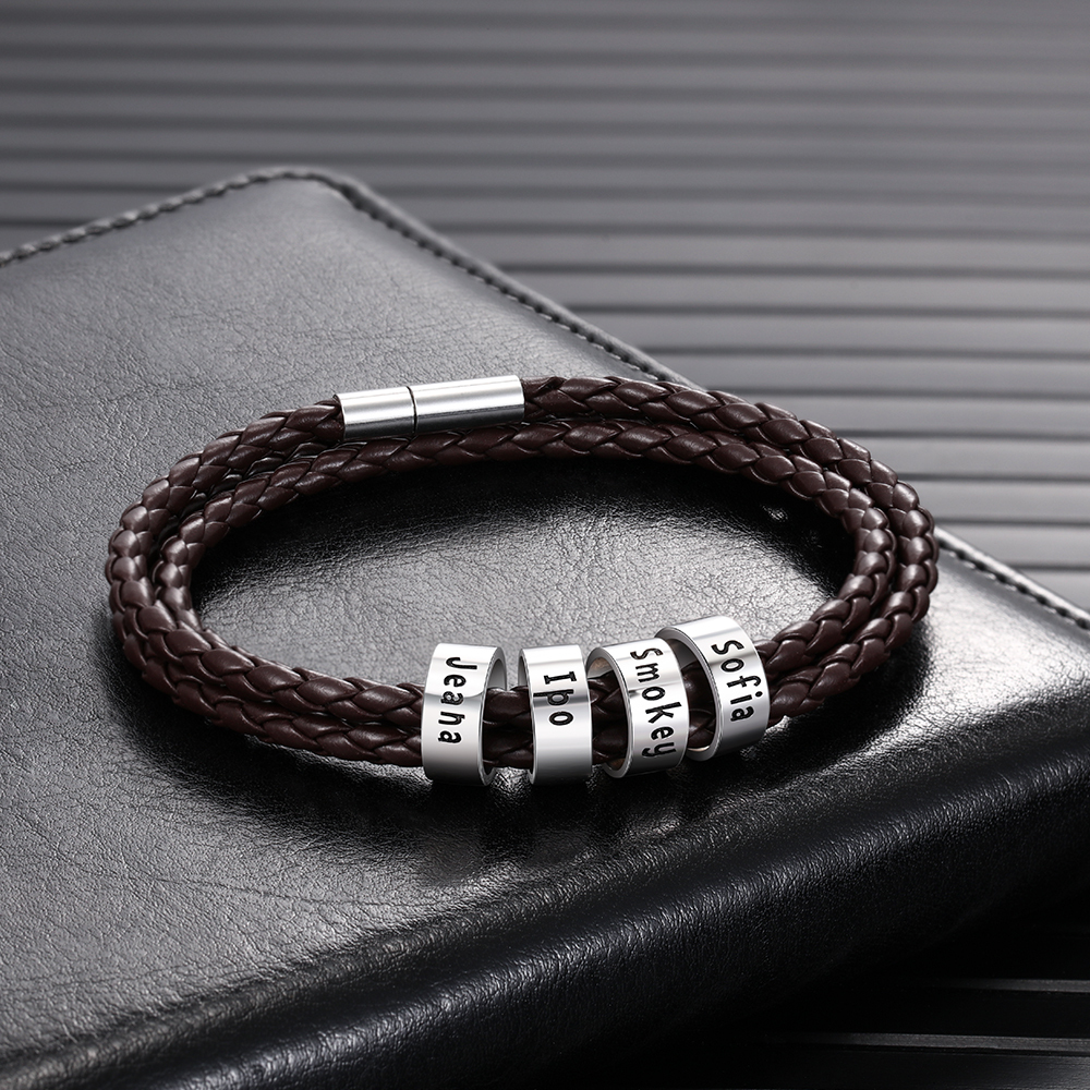 Personalised Braided Leather Bracelet with 2–5 Engraved Name Beads For Him Best Gift For Dad