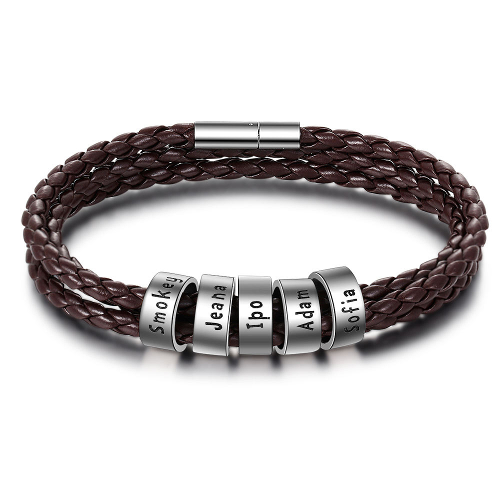 Personalised Braided Leather Bracelet with 2–5 Engraved Name Beads For Him Best Gift For Dad