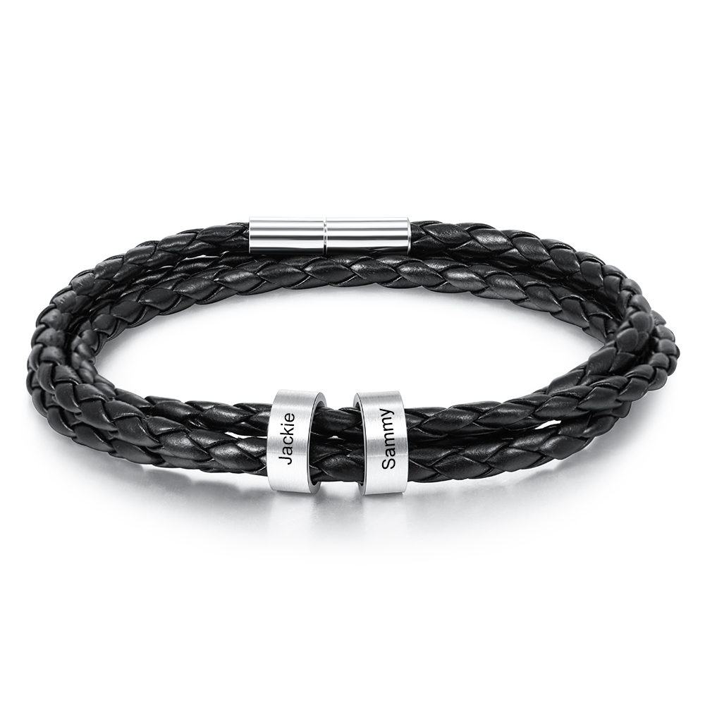 Personalised Braided Leather Bracelet with 2–5 Engraved Name Beads For Him Best Gift For Dad
