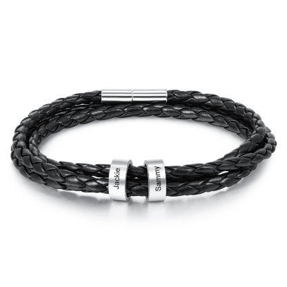 Personalised Braided Leather Bracelet with 2–5 Engraved Name Beads For Him Best Gift For Dad