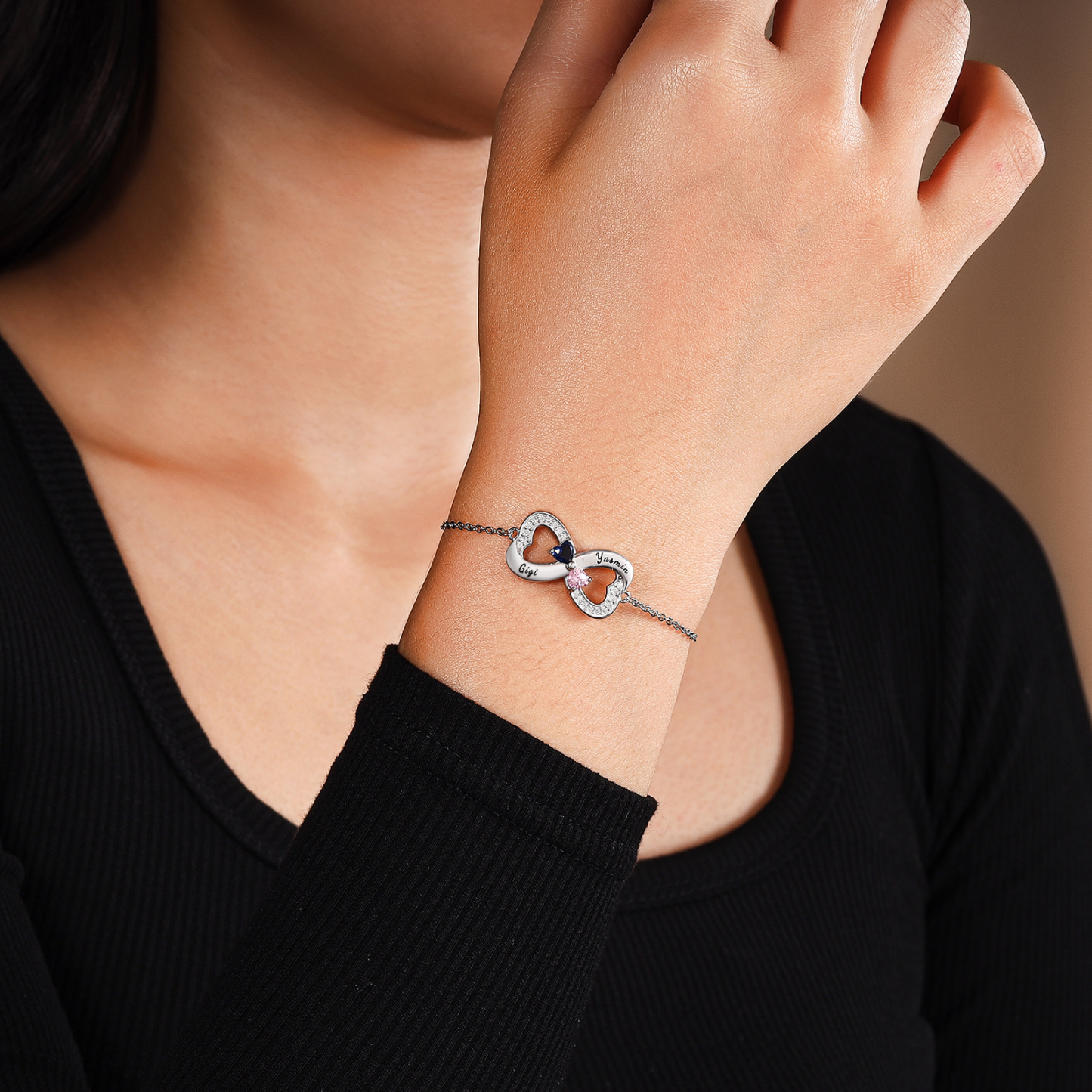 Personalised S925 Silver 1-3 Names Birthstones Heart Bracelet For Women