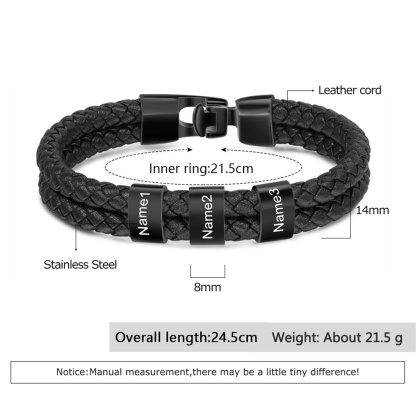 Personalised Braided Leather Bracelet Engraved 3 Names Men's Bracelet for Him