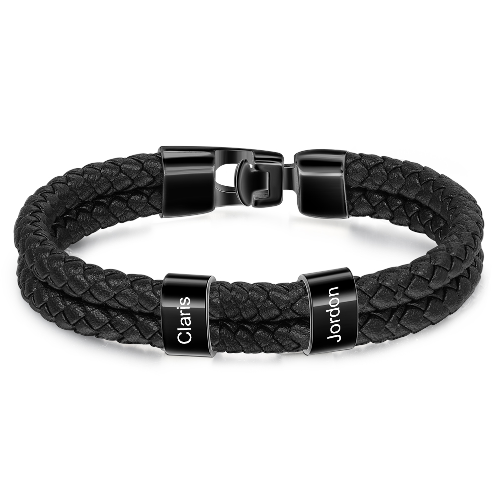 Personalised Braided Leather Bracelet Engraved 3 Names Men's Bracelet for Him