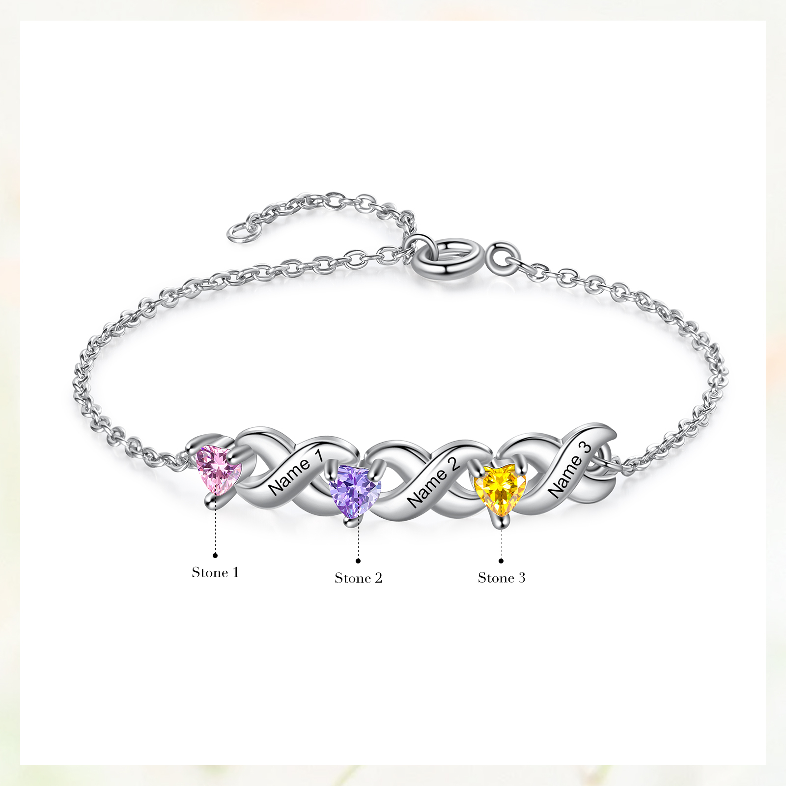 Personalised 2-7 Names Bracelet Set Custom Heart Birthstones Engraved Names Bracelet Gift For Women | Jessemade