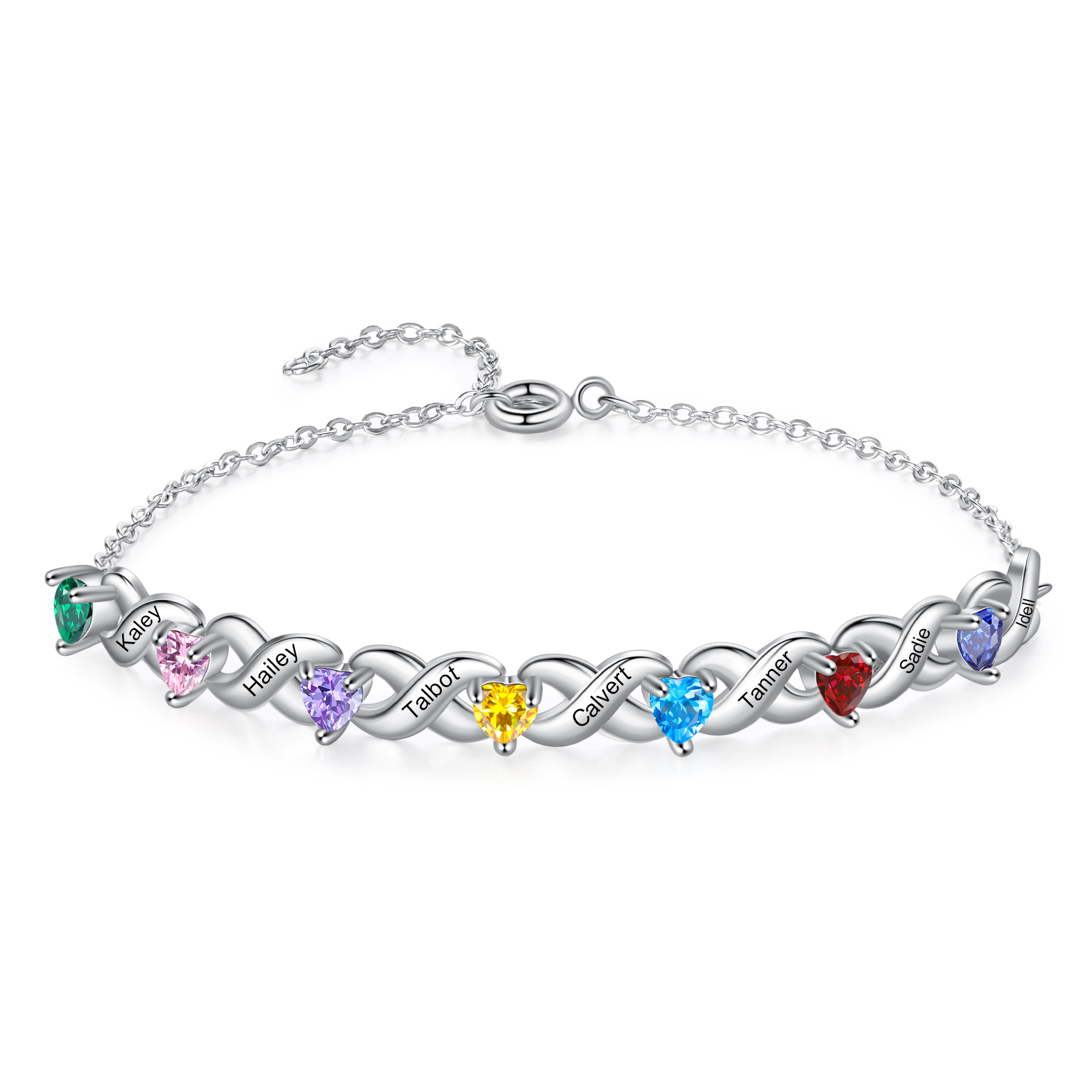 Personalised Bracelet With 2-7 Heart Birthstones Engraved Names Bracelet Gift For Women | Jessemade