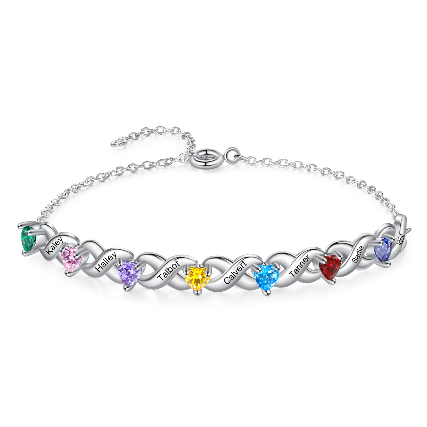 Personalised Bracelet With 2-7 Heart Birthstones Engraved Names Bracelet Gift For Women | Jessemade