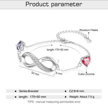 Personalised Infinity Bracelet with 2 Heart Birthstones Bracelet for Mum