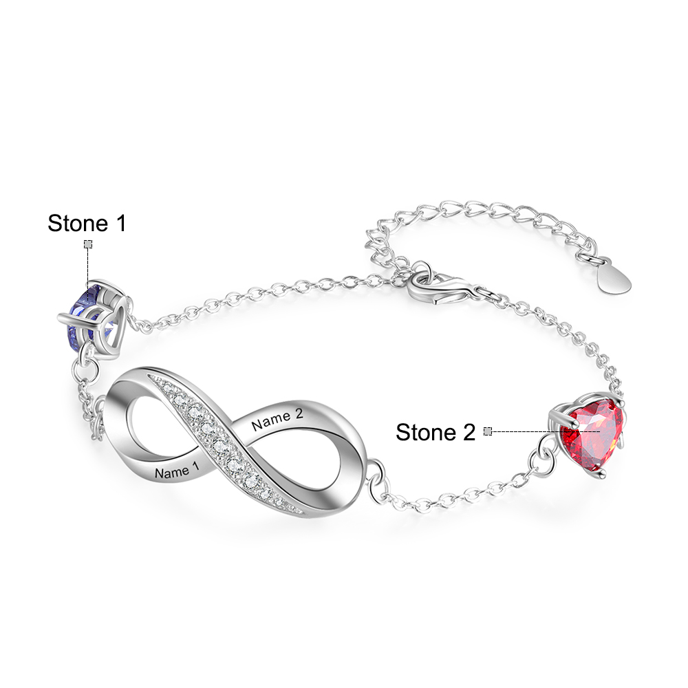 Personalised Infinity Bracelet with 2 Heart Birthstones Bracelet for Mum