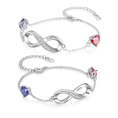 Personalised Infinity Bracelet with 2 Heart Birthstones Bracelet for Mum