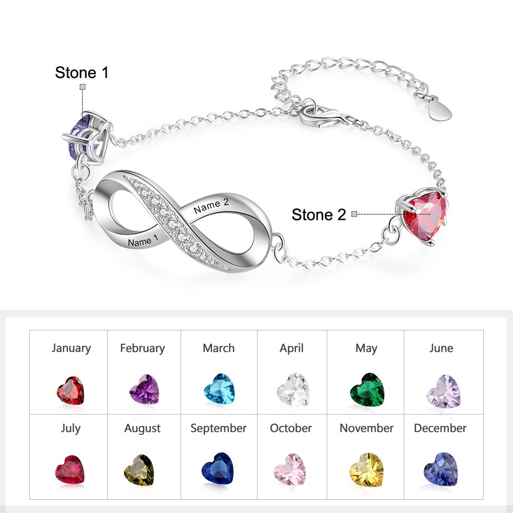 Personalised Infinity Bracelet with 2 Heart Birthstones Bracelet for Mum