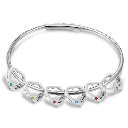 Personalised Heart Bracelet With 2-6 Birthstones Bangle Engraved Names Bracelet Gift For Women | Jessemade