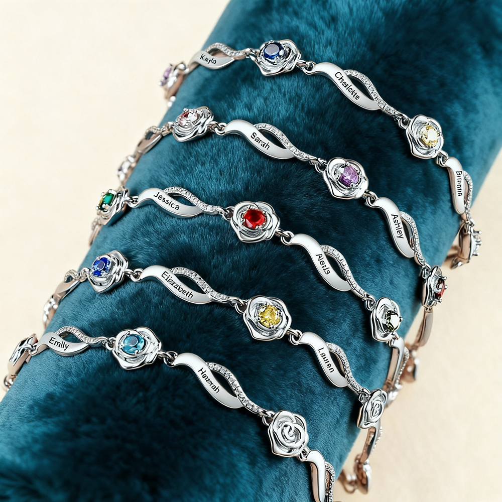 1 Name-Personalised Rose Bracelet With 1 Birthstone Set With Gift Box Custom Names Bracelet Gift For Women
