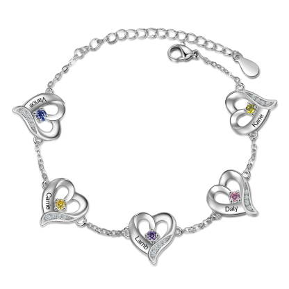 Personalised 1-7 Names Heart Bracelet Gift Set With Gift Box Birthstones Bangle For Her | Jessemade