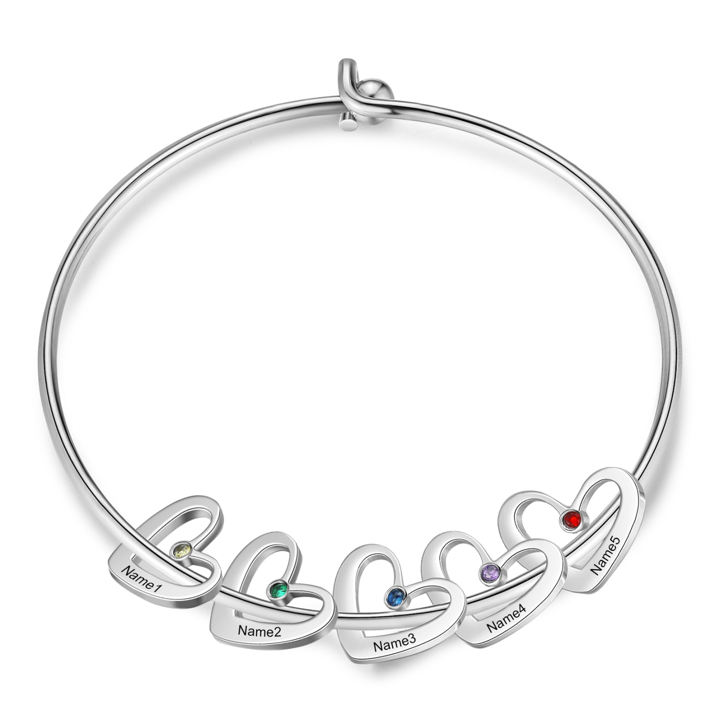 Personalised Bangle Bracelet with 2-6 Names & Birthstones, Silver or Gold | Jessemade