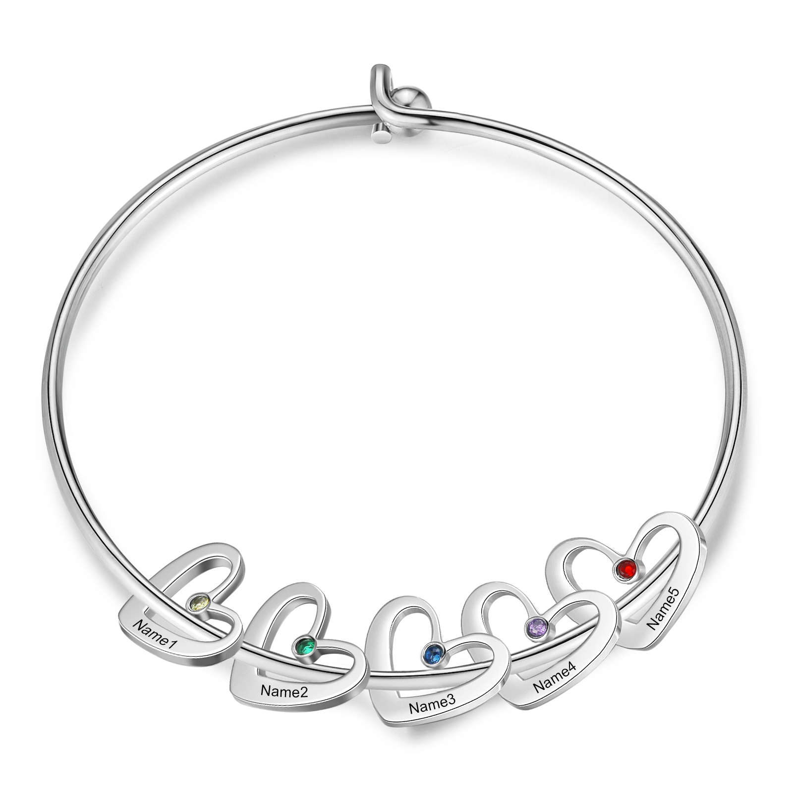 Personalised Bangle Bracelet with 2-6 Names & Birthstones, Silver or Gold | Jessemade