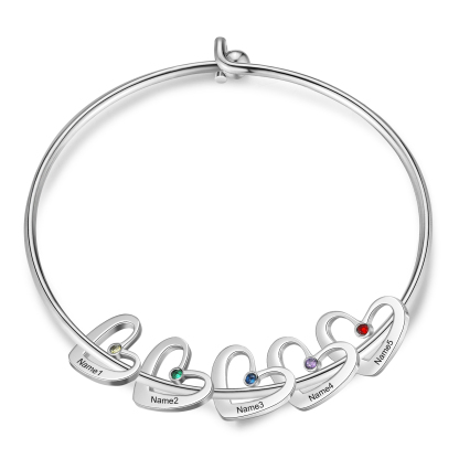 Personalised Bangle Bracelet with 2-6 Names & Birthstones, Silver or Gold | Jessemade