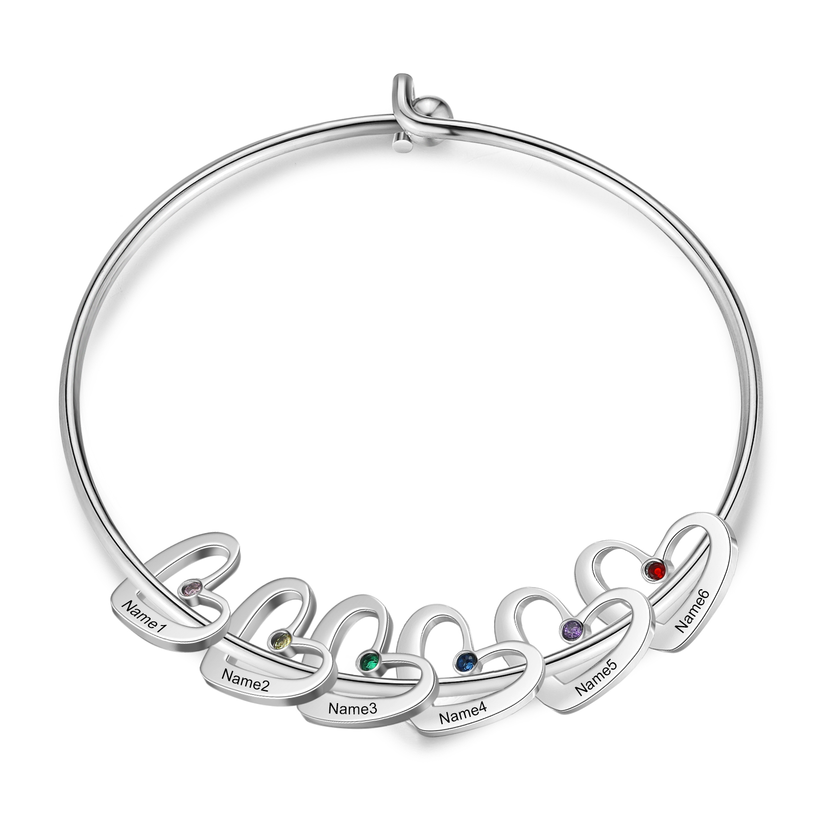 Personalised Bangle Bracelet with 2-6 Names & Birthstones, Silver or Gold | Jessemade