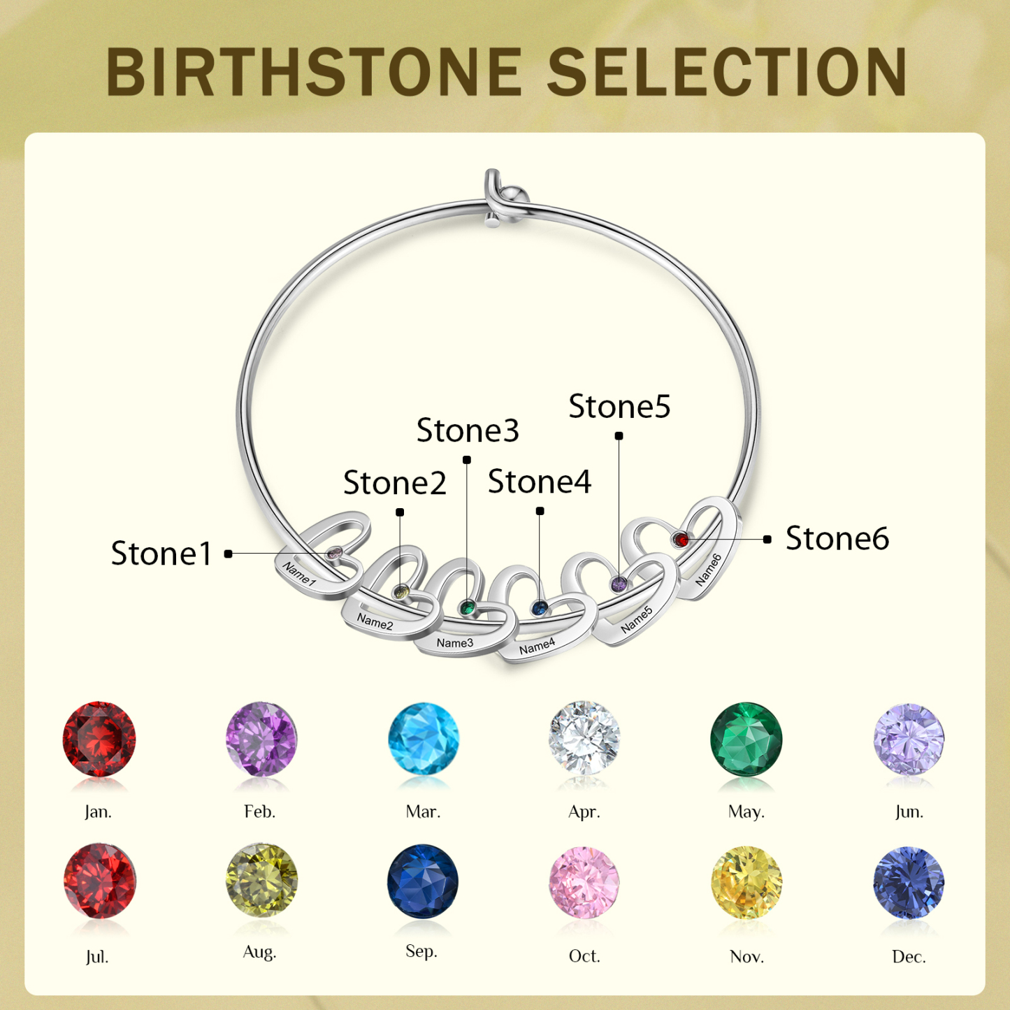 Personalised Heart Bangle With 6 Names and Birthstones Bangle Bracelet Mother's Day Gifts For women