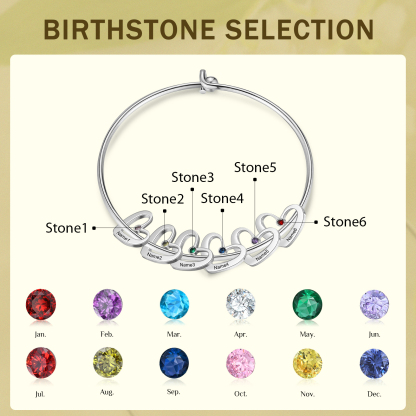 Personalised Heart Bangle With 6 Names and Birthstones Bangle Bracelet Mother's Day Gifts For women