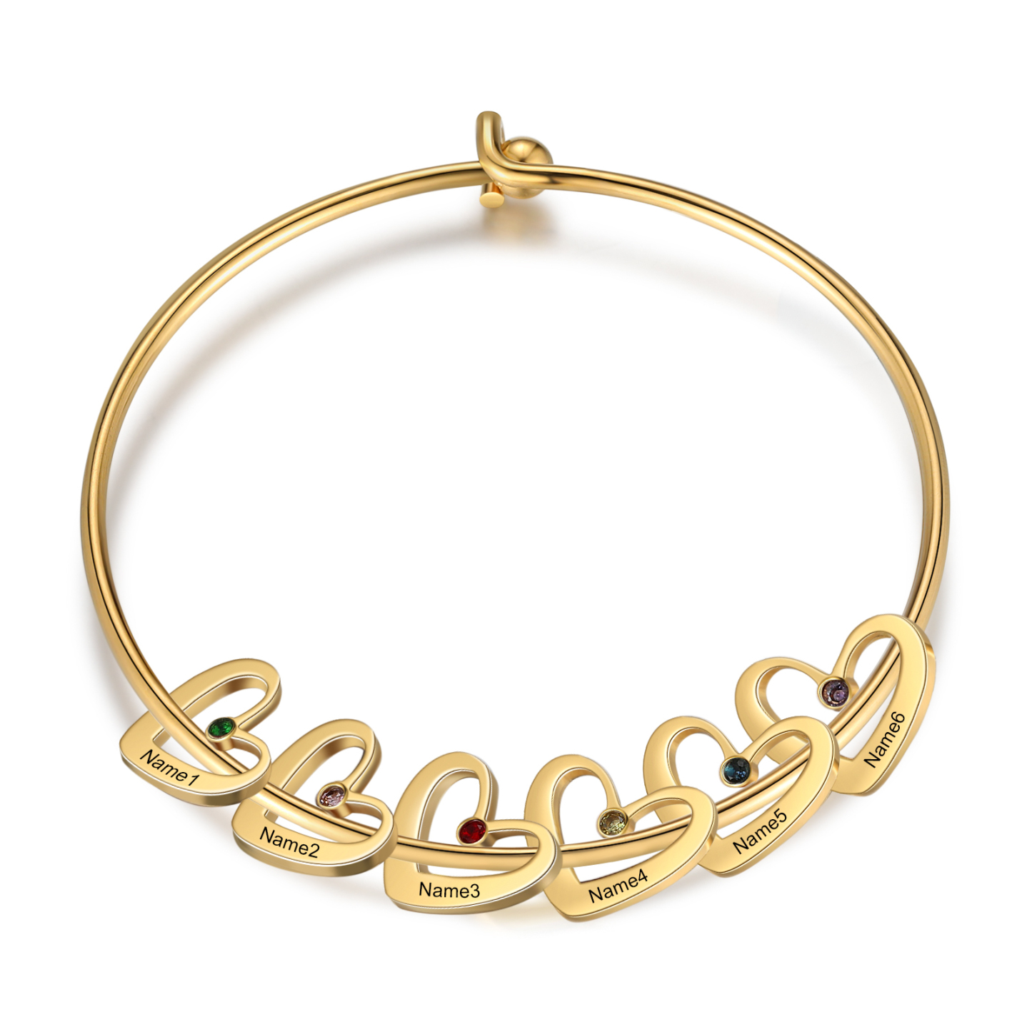 Personalised Bangle Bracelet with 2-6 Names & Birthstones, Silver or Gold | Jessemade