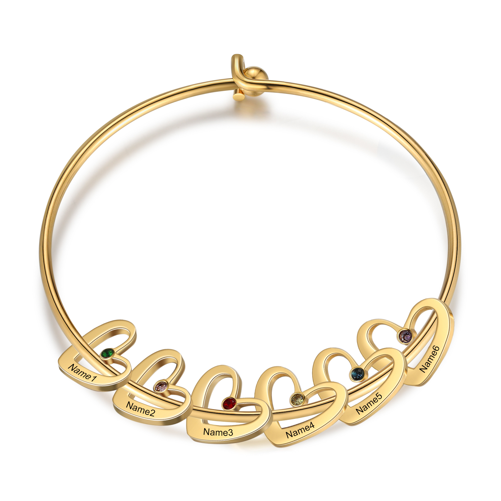 Personalised Bangle Bracelet with 2-6 Names & Birthstones, Silver or Gold | Jessemade