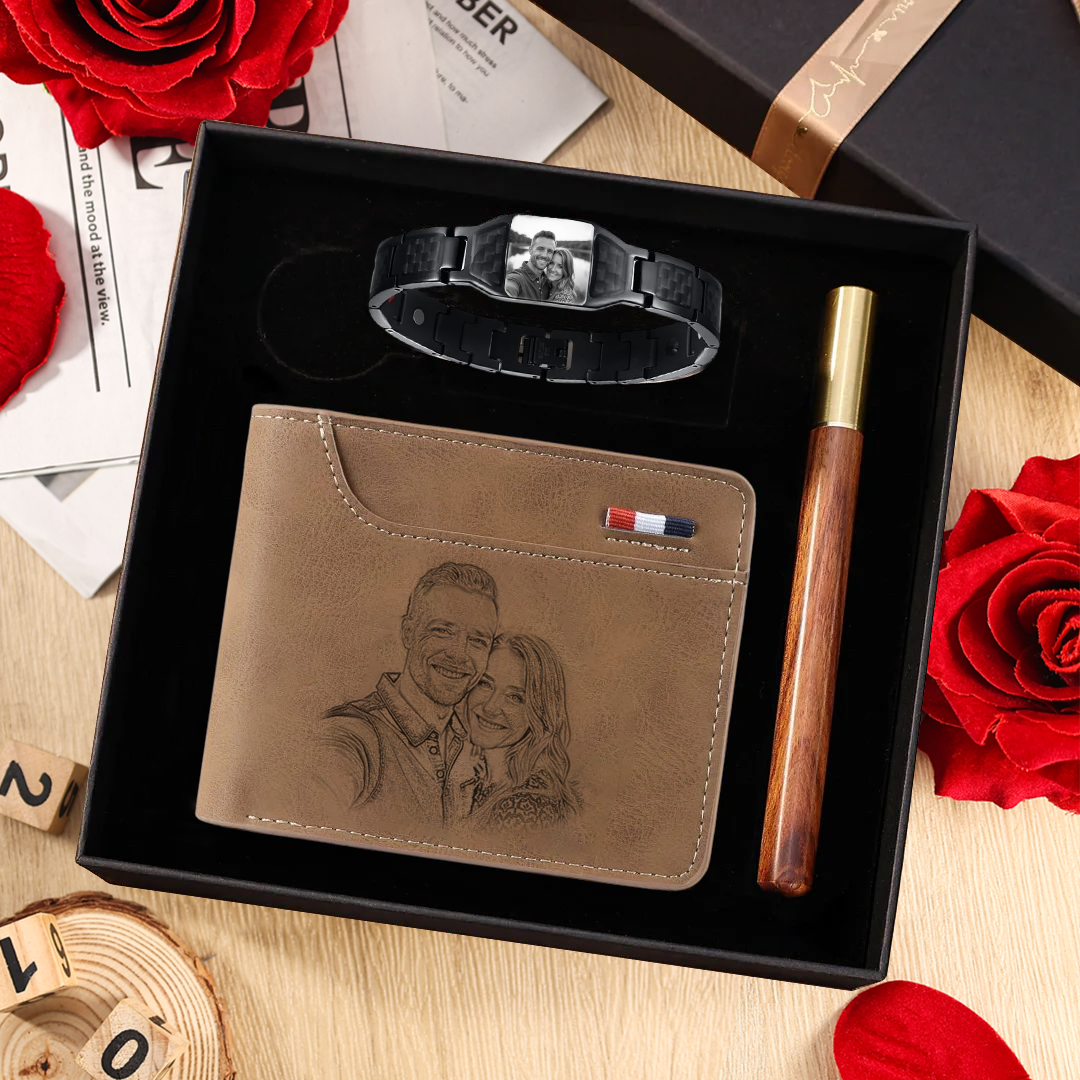 Personalised Men’s Wallet, Bracelet & Pen Set – Custom Gift Box with Photo, Name, and Letter – Valentine’s Day Gift for Him | Jessemade