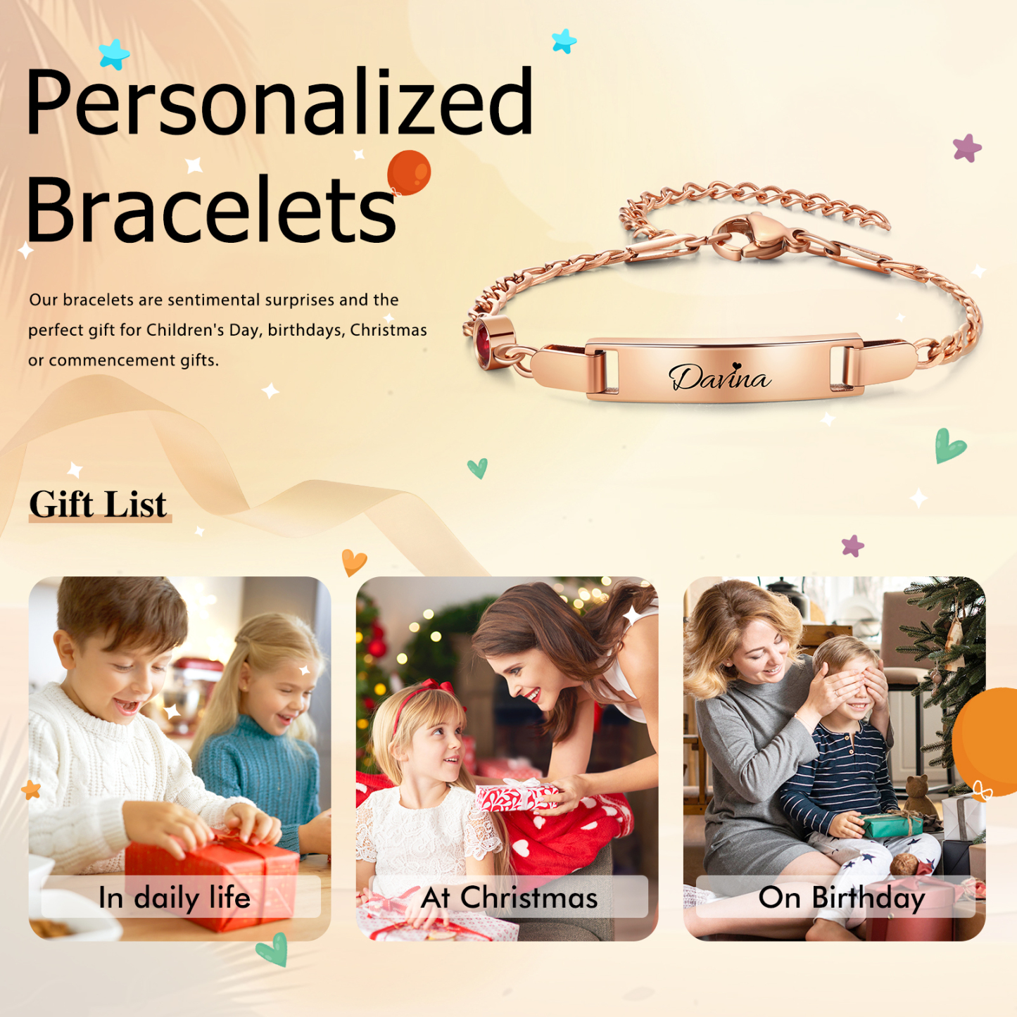 Personalised Adjustable & Engravable Baby Bracelet, Custom Name & Birthstone Stainless Steel Bracelets Gift for Baby and New Mom