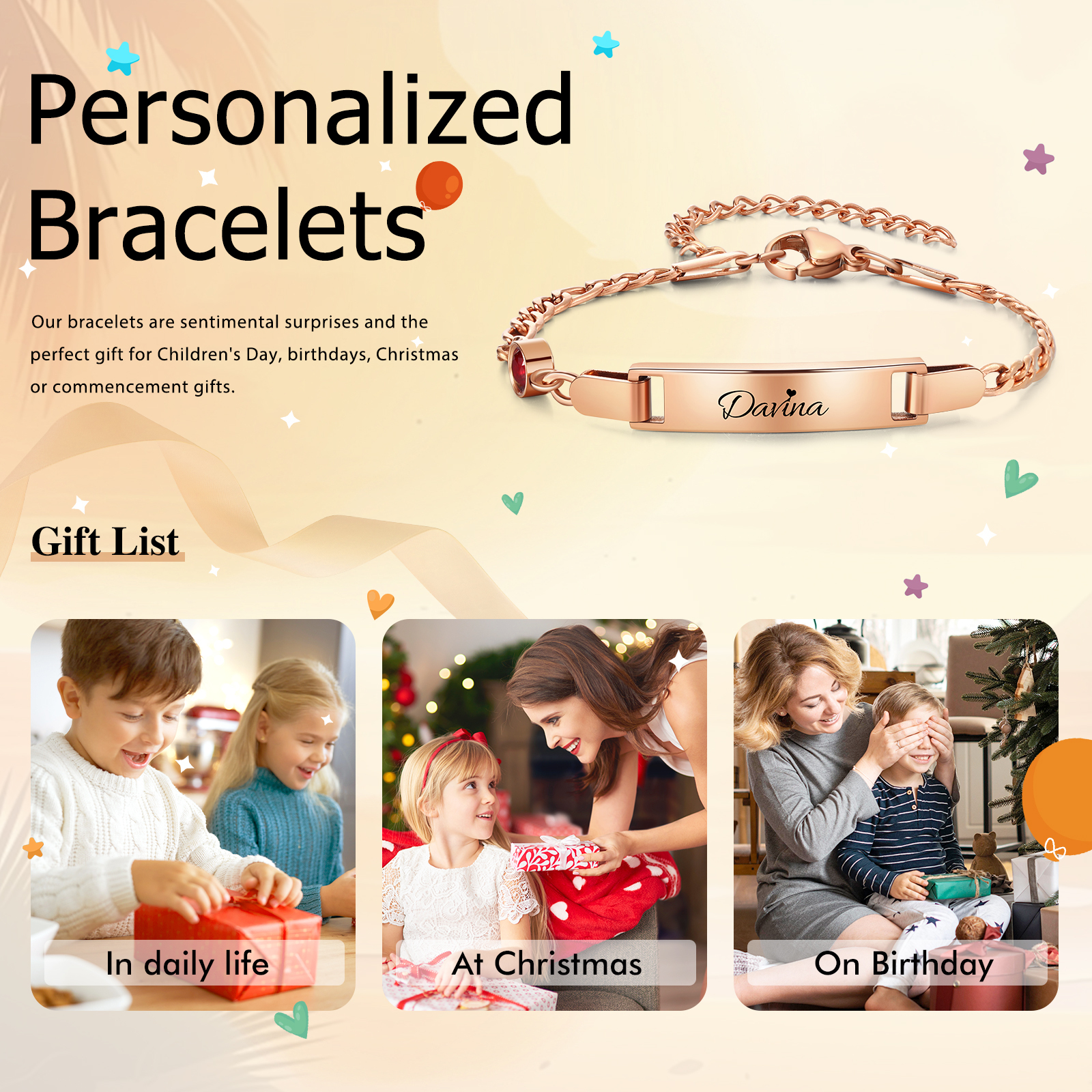 Personalised Adjustable & Engravable Baby Bracelet, Custom Name & Birthstone Stainless Steel Bracelets Gift for Baby and New Mom