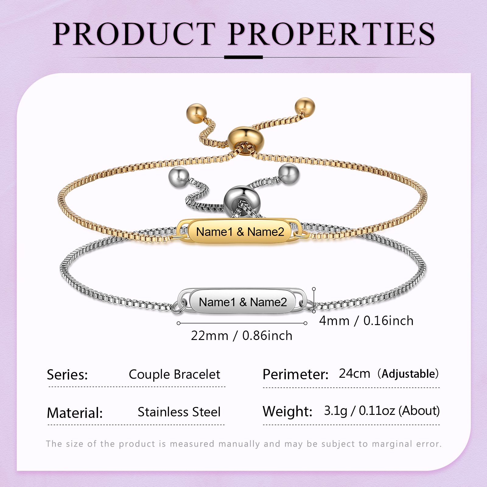 Personalised Couple Bracelet Set - Customized 2 Names, Gold and Silver Adjustable Bracelets, Valentine’s Day Gift for Couples | Jessemade