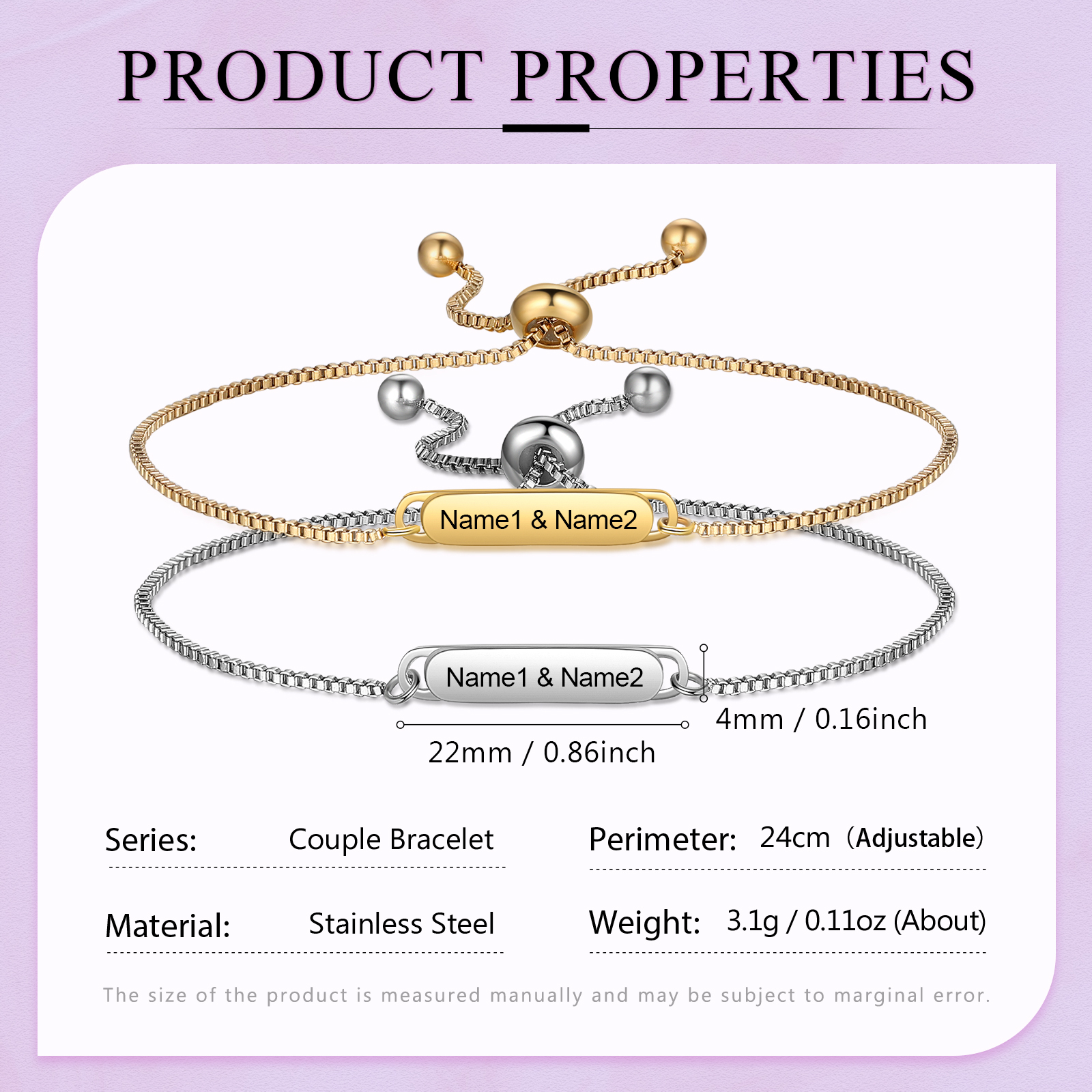 Personalised Couple Bracelet Set - Customized 2 Names, Gold and Silver Adjustable Bracelets, Valentine’s Day Gift for Couples | Jessemade