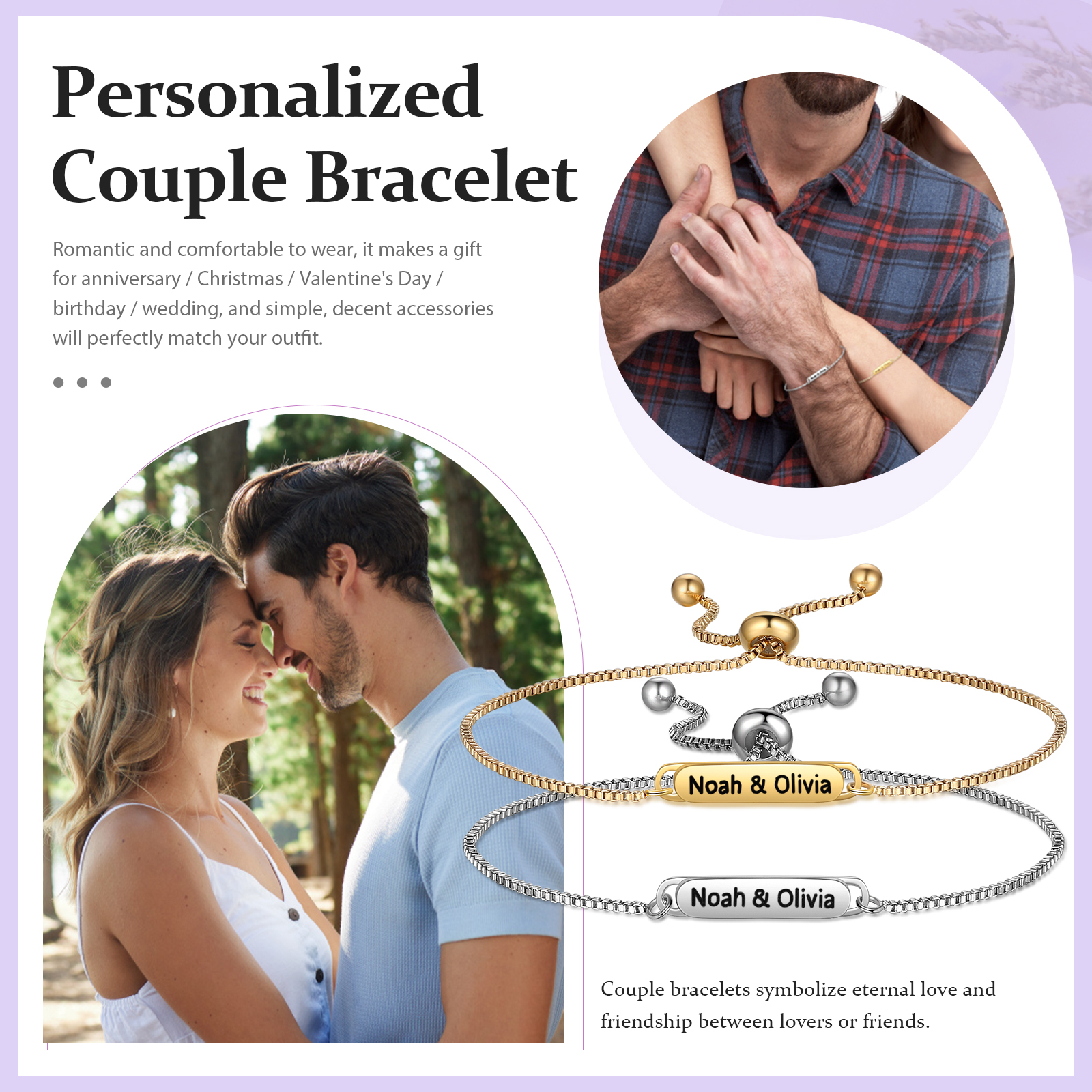 Personalised Couple Bracelet Set - Customized 2 Names, Gold and Silver Adjustable Bracelets, Valentine’s Day Gift for Couples | Jessemade