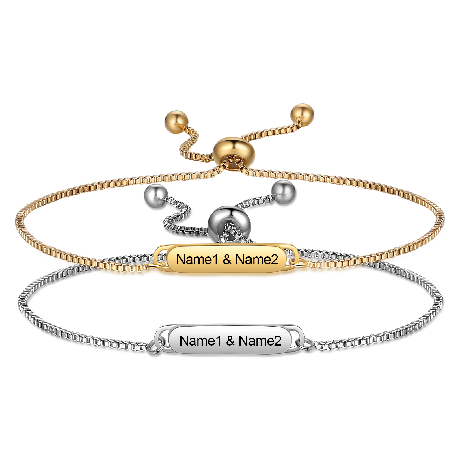 Personalised Couple Bracelet Set - Customized 2 Names, Gold and Silver Adjustable Bracelets, Valentine’s Day Gift for Couples | Jessemade