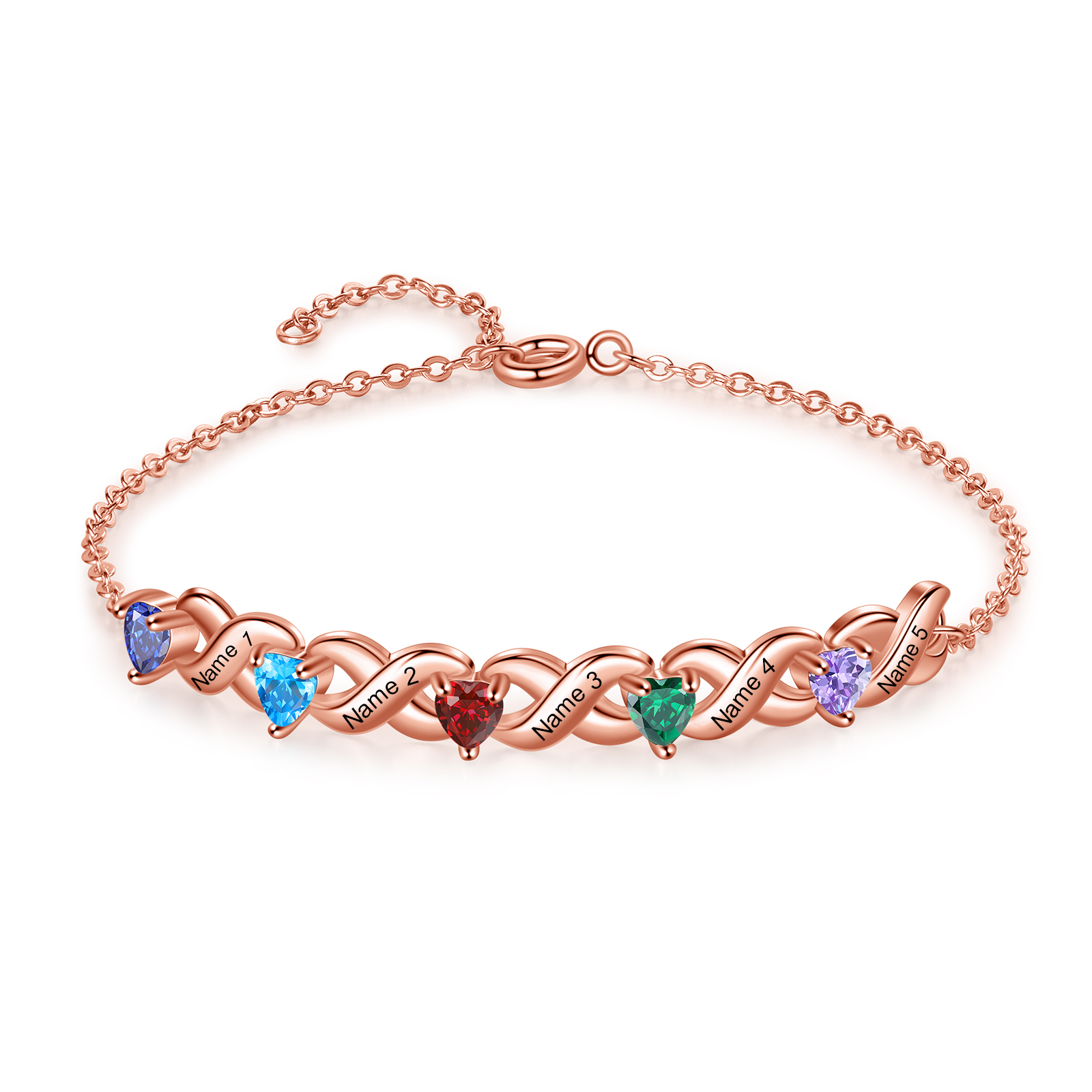 Personalised 2-7 Names Bracelet Set Custom Heart Birthstones Engraved Names Bracelet Gift For Women | Jessemade
