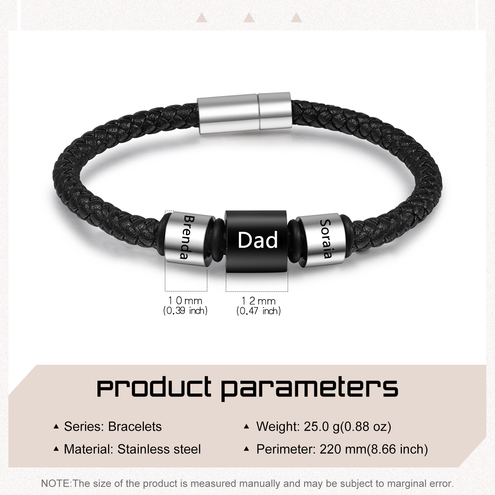 3 Names Personalised Men Leather Bracelet with Custom Name Beads - Gift for Dad | Jessemade