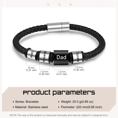 4 Names Personalised Men Leather Bracelet with Custom Name Beads - Gift for Dad | Jessemade