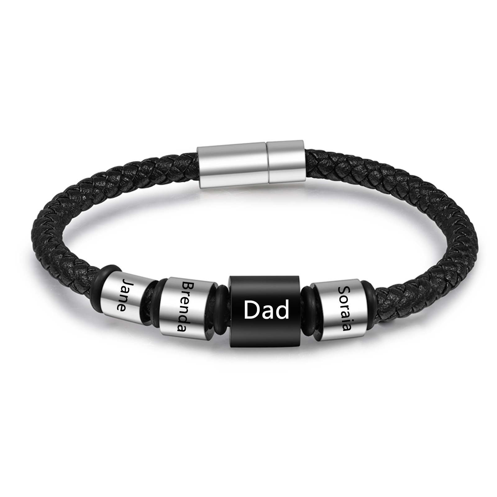 4 Names Personalised Men Leather Bracelet with Custom Name Beads - Gif
