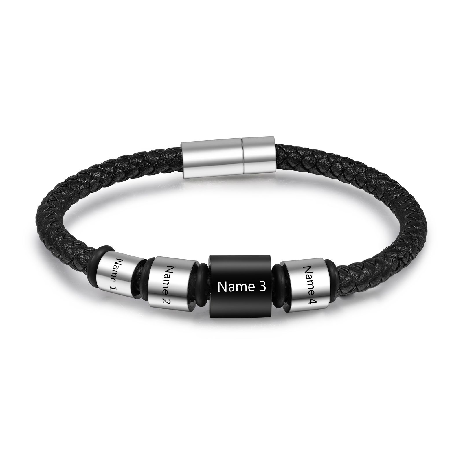 4 Names Personalised Men Leather Bracelet with Custom Name Beads - Gift for Dad | Jessemade