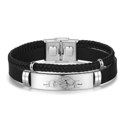 Personalised Father & Child Bracelet – 2 Names Engraved Stainless Steel & Leather Wristband Gift for Dad | Jessemade